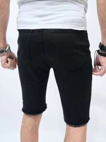 Manfinity Men Ripped Raw Hem Denim Shorts - Black - View 2