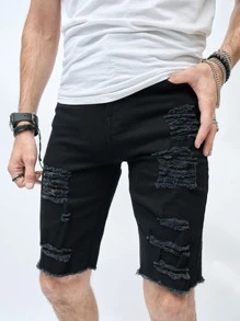 Manfinity Men Ripped Raw Hem Denim Shorts - Black - View 5