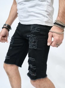Manfinity Men Ripped Raw Hem Denim Shorts - Black - View 6