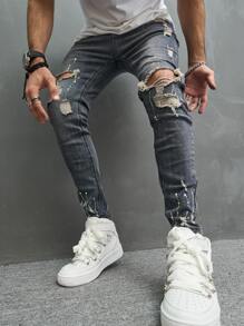 Manfinity Roughcore Men Cotton Splash Ink Print Ripped Skinny Jeans Slim Fit Long Frayed Jean Cargo Plain Light Grey Party Street Wear Husband - Dark Wash - View 3