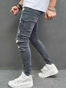 Manfinity Roughcore Men Cotton Splash Ink Print Ripped Skinny Jeans Slim Fit Long Frayed Jean Cargo Plain Light Grey Party Street Wear Husband - Dark Wash - View 4