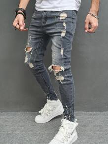 Manfinity Roughcore Men Cotton Splash Ink Print Ripped Skinny Jeans Slim Fit Long Frayed Jean Cargo Plain Light Grey Party Street Wear Husband - Dark Wash - View 5