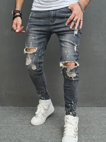 Manfinity Roughcore Men Cotton Splash Ink Print Ripped Skinny Jeans Slim Fit Long Frayed Jean Cargo Plain Light Grey Party Street Wear Husband - Dark Wash - View 6