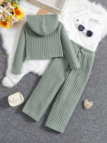 Niñitas Pantalones con camiseta tejido de canalé con capucha - verde menta - Ver 2