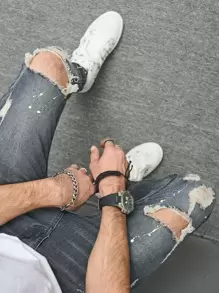 Manfinity Roughcore Men Cotton Splash Ink Print Ripped Skinny Jeans Slim Fit Long Frayed Jean Cargo Plain Light Grey Party Street Wear Husband - Dark Wash - View 7