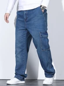 Manfinity Men Plus Flap Pocket Side Cargo Jeans - Dark Wash - View 1