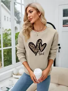 INAWLY Heart And Slogan Graphic Thermal Lined Sweatshirt - Khaki - View 1