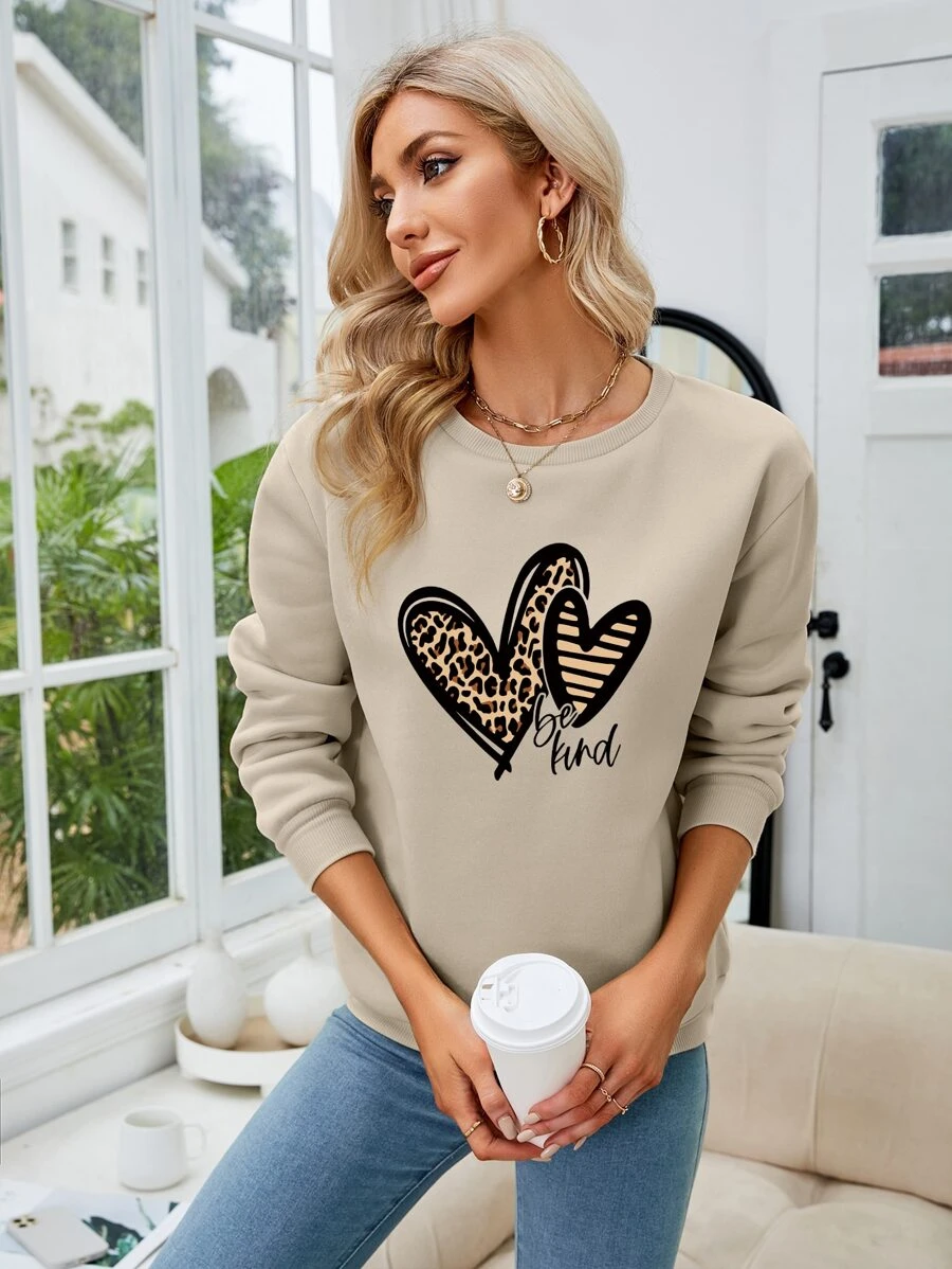 INAWLY Heart And Slogan Graphic Thermal Lined Sweatshirt - Khaki - View 1