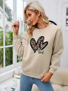INAWLY Heart And Slogan Graphic Thermal Lined Sweatshirt - Khaki - View 3