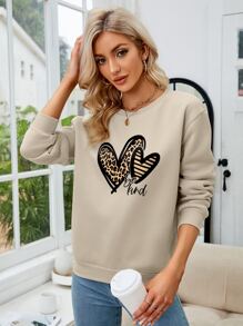 INAWLY Heart And Slogan Graphic Thermal Lined Sweatshirt - Khaki - View 4