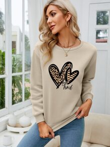 INAWLY Heart And Slogan Graphic Thermal Lined Sweatshirt - Khaki - View 5