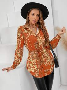 SHEIN LUNE Chain And Baroque Print Curved Hem Button Up Shirt - Orange - View 1