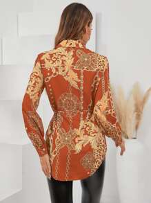 SHEIN LUNE Chain And Baroque Print Curved Hem Button Up Shirt - Orange - View 2