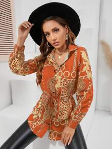 SHEIN LUNE Chain And Baroque Print Curved Hem Button Up Shirt - Orange - View 3