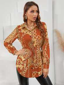 SHEIN LUNE Chain And Baroque Print Curved Hem Button Up Shirt - Orange - View 4