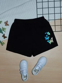 SHEIN Girls Reflective Butterfly Print Shorts - Black - View 1