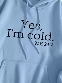 SHEIN EZwear 標語圖案袋鼠口袋抽繩保暖連帽衫 - 淺藍色 - 查看 4