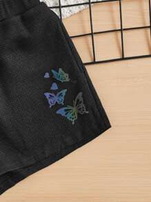SHEIN Girls Reflective Butterfly Print Shorts - Black - View 4