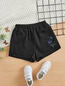 SHEIN Girls Reflective Butterfly Print Shorts - Black - View 5