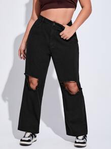SHEIN EZwear Plus High Waist Ripped Straight Leg Jeans - Black - View 5