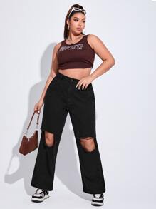 SHEIN EZwear Plus High Waist Ripped Straight Leg Jeans - Black - View 3