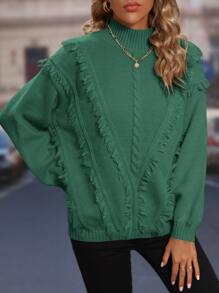 SHEIN LUNE Jersey de cuello alto ribete con fleco de hombros caídos - Verde - Ver 3