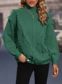 SHEIN LUNE Jersey de cuello alto ribete con fleco de hombros caídos - Verde - Ver 5