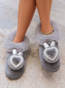 心和絨球裝飾毛茸茸趣味拖鞋