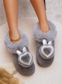 心和絨球裝飾毛茸茸趣味拖鞋