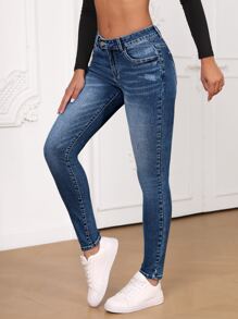 SHEIN Essnce Ultra Low Waist Skinny Jeans - Dark Wash - View 1