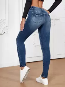 SHEIN Essnce Ultra Low Waist Skinny Jeans - Dark Wash - View 2
