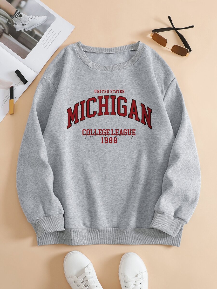 SHEIN EZwear Letter Graphic Thermal Lined Sweatshirt - Grey - View 1