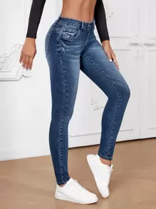 SHEIN Essnce Ultra Low Waist Skinny Jeans - Dark Wash - View 4