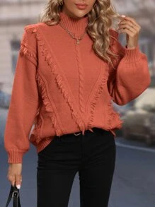 SHEIN LUNE Jersey de cuello alto ribete con fleco de hombros caídos - Naranja Quemada - Ver 1