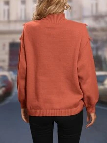 SHEIN LUNE Jersey de cuello alto ribete con fleco de hombros caídos - Naranja Quemada - Ver 2