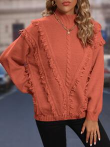 SHEIN LUNE Jersey de cuello alto ribete con fleco de hombros caídos - Naranja Quemada - Ver 3