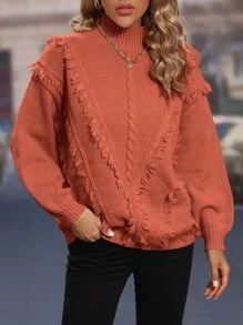 SHEIN LUNE Jersey de cuello alto ribete con fleco de hombros caídos - Naranja Quemada - Ver 6