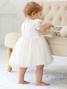 Baby Girls' Elegant Lace Floral Sleeve Princess Dress Suitable For Evening Party, Wedding, Birthday Celebration - White - View 2