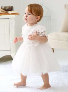 Baby Girls' Elegant Lace Floral Sleeve Princess Dress Suitable For Evening Party, Wedding, Birthday Celebration - White - View 3