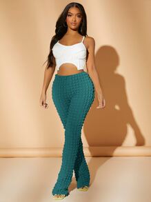 SHEIN SXY 紋理質感高腰素色長褲 - 水鴨藍 - 查看 5