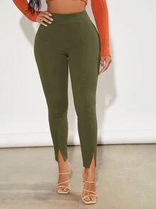 SHEIN SXY Solid Split Hem Leggings - Olive Green - View 2