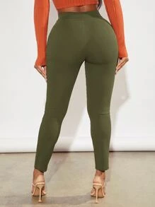 SHEIN SXY Solid Split Hem Leggings - Olive Green - View 3