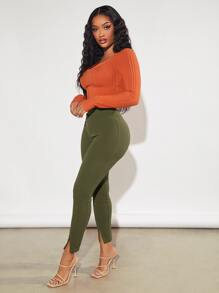 SHEIN SXY Solid Split Hem Leggings - Olive Green - View 4