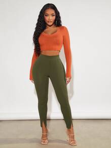 SHEIN SXY Solid Split Hem Leggings - Olive Green - View 5
