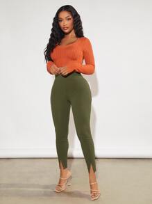 SHEIN SXY Solid Split Hem Leggings - Olive Green - View 6