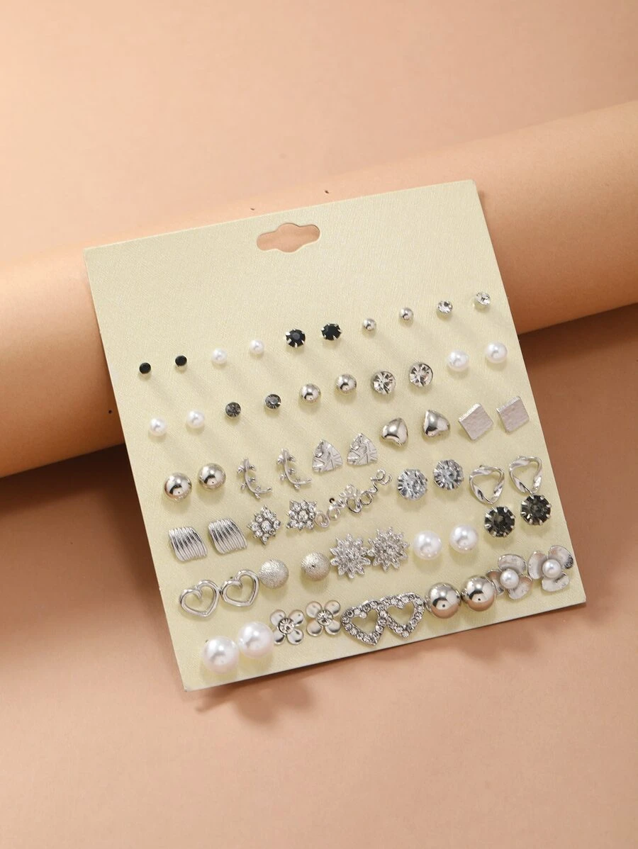 30對鑲嵌水晶和人造珍珠的耳針 - 彩色 - 查看 1