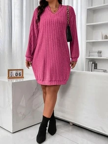 SHEIN LUNE Vestido sudadera de hombros caídos tejido de canalé - Rosado Sandía - Ver 5