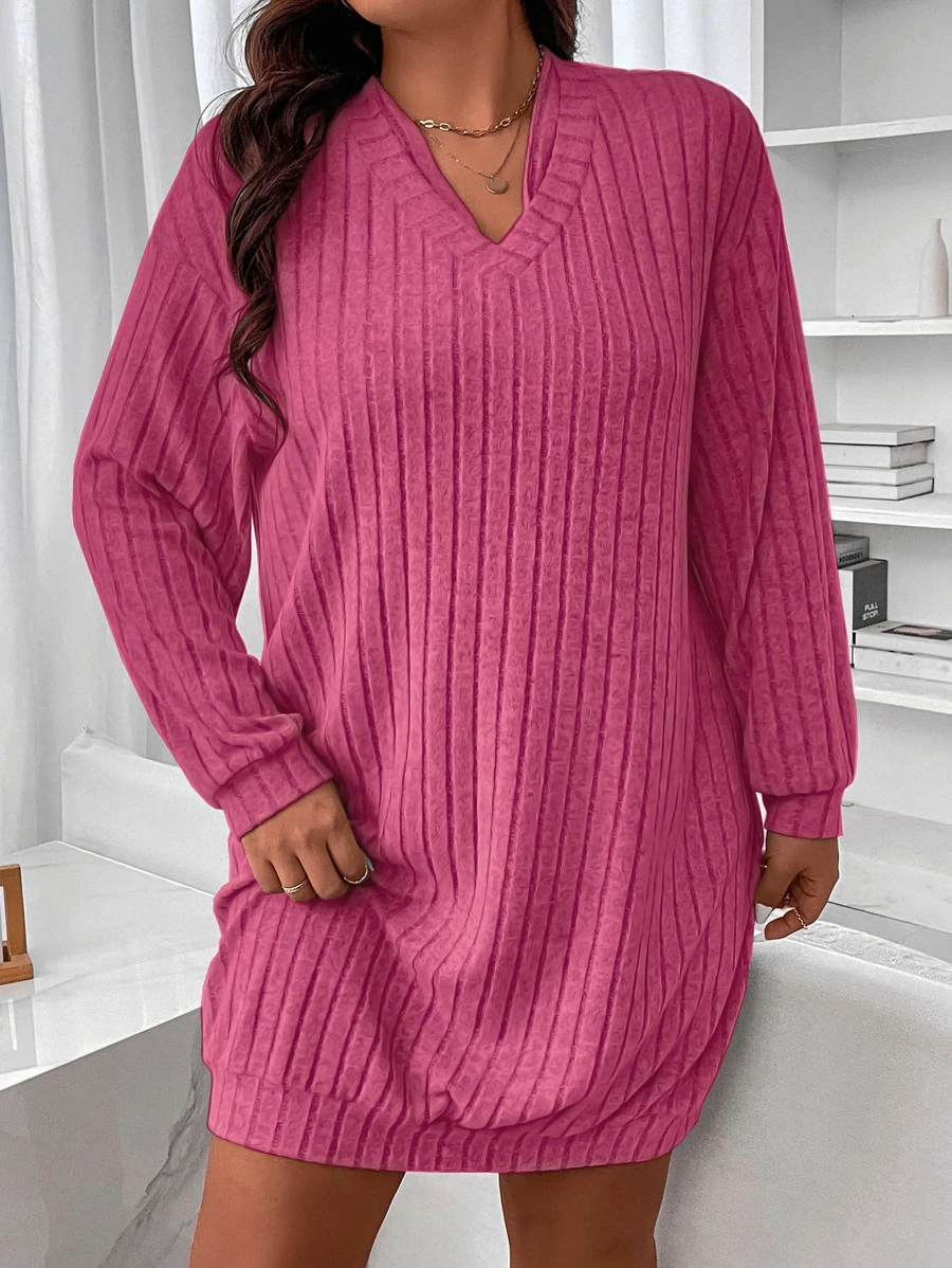 SHEIN LUNE Vestido sudadera de hombros caídos tejido de canalé - Rosado Sandía - Ver 1