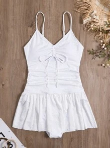 SHEIN Swim Schiffy Ruched Drawstring Front Ruffle Hem One Piece Swimsuit,Summer Beach - White - View 4