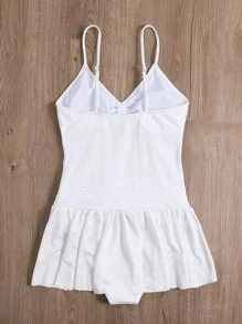 SHEIN Swim Schiffy Ruched Drawstring Front Ruffle Hem One Piece Swimsuit,Summer Beach - White - View 2